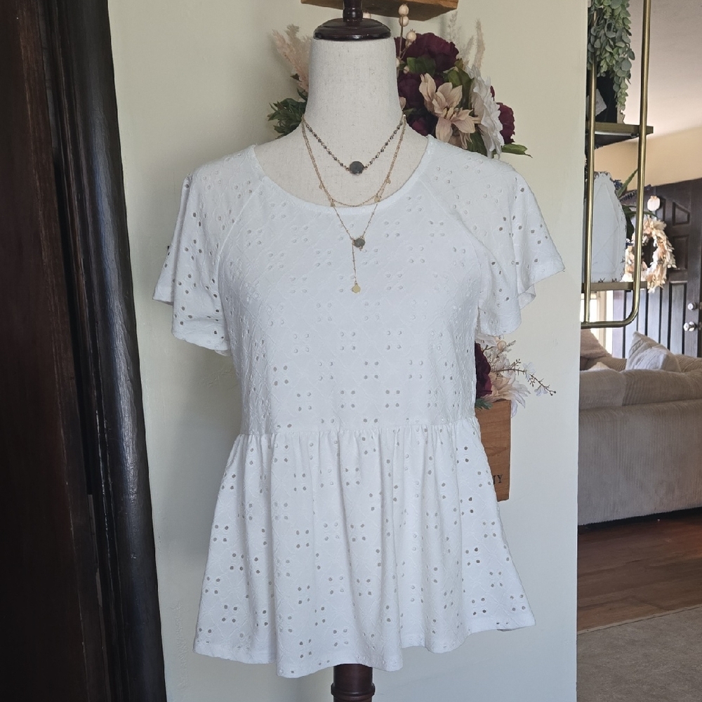 Pink Lily White Eyelet Peplum Blouse